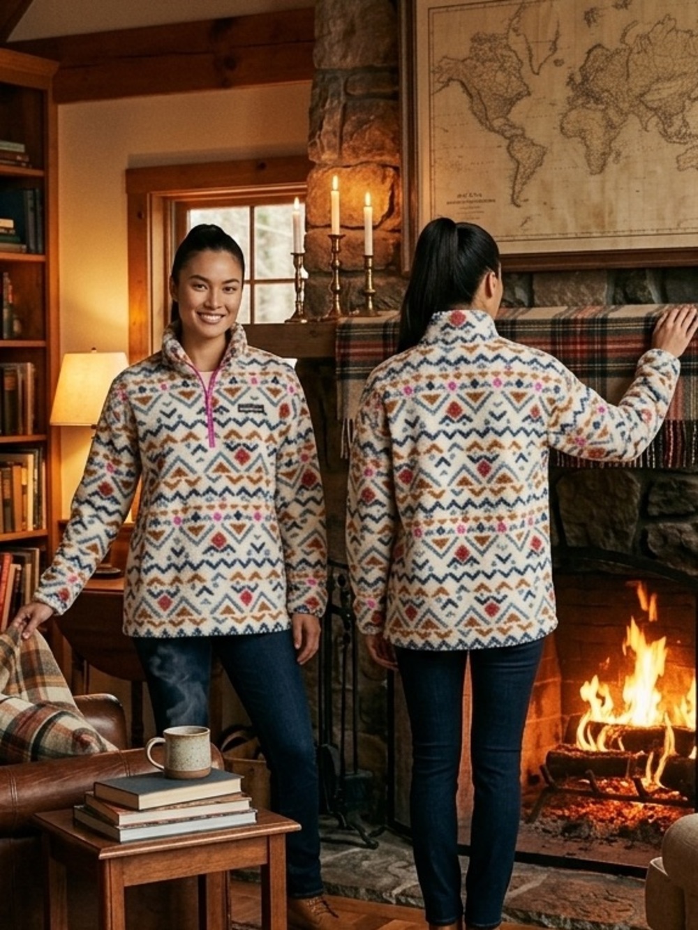 Women's Patterned Quarter-Zip Aztec Print Soft Cozy  Fleece Pullover Jacket SZ L
